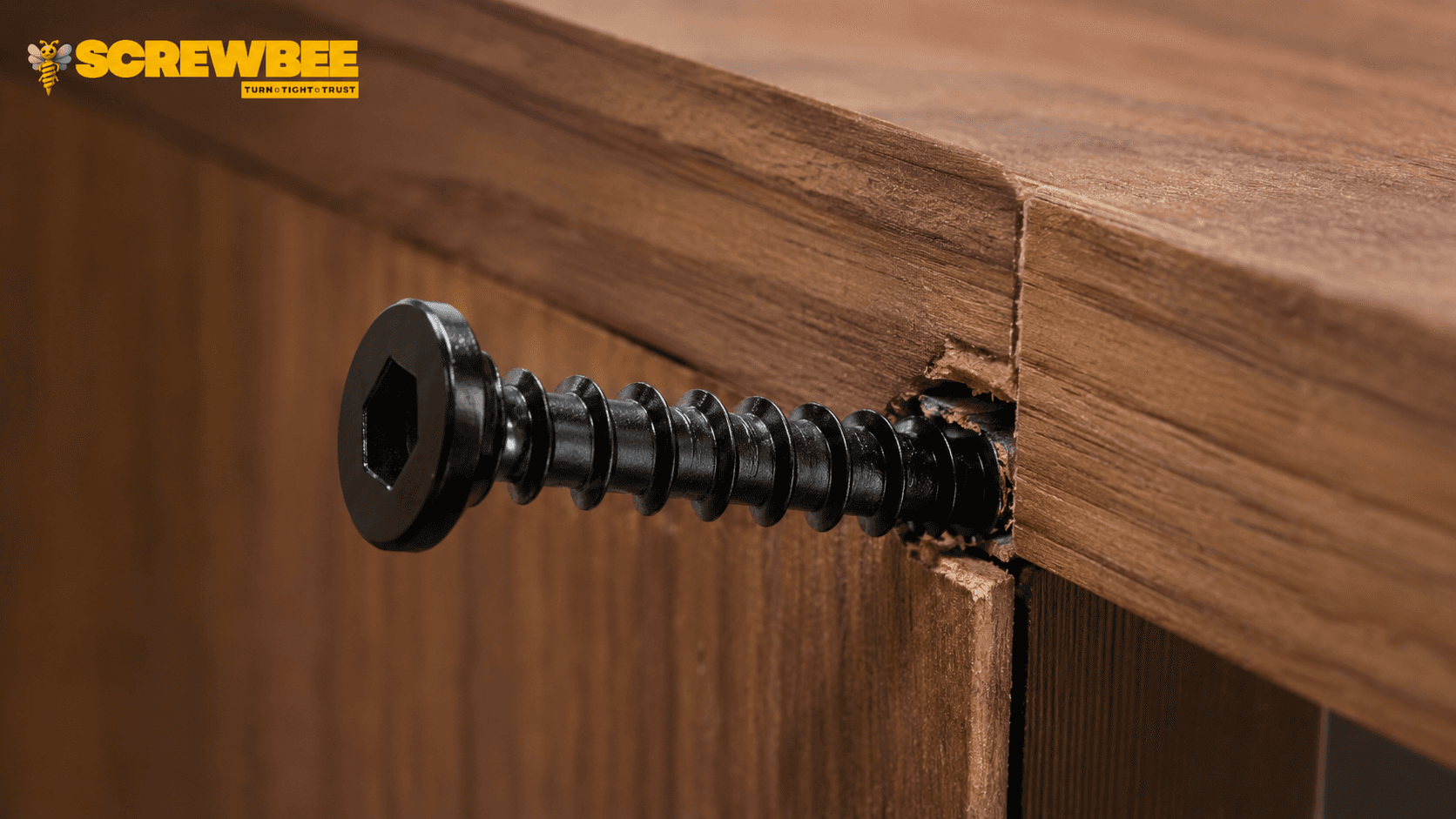 Flat Head Allen Screw in a loose furniture wood joint showing thread engagement failure