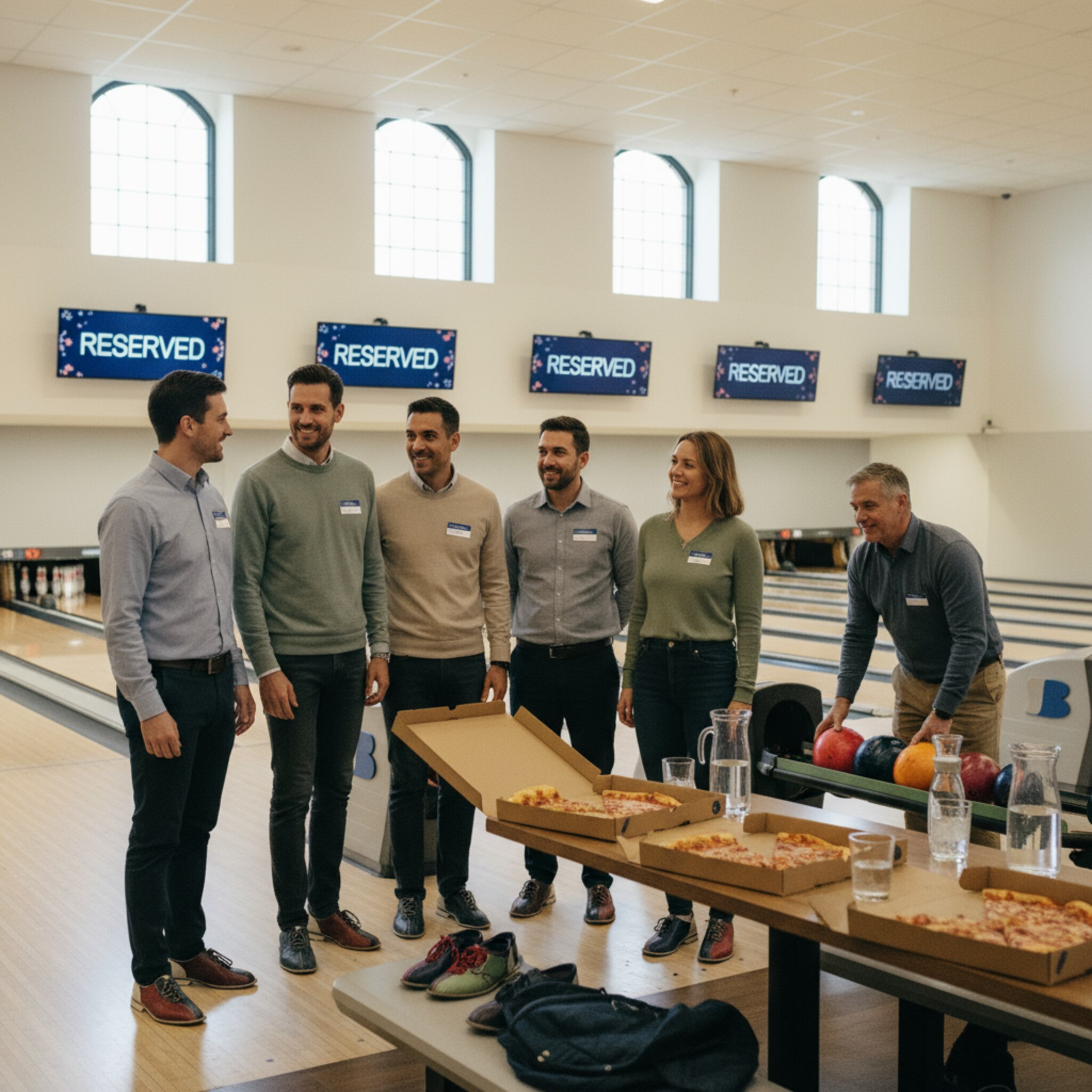 Helle Halle mit mehreren reservierten Bahnen, dezente Deko in Firmenfarben. Kolleginnen und Kollegen mit Namensschildern klatschen sich nach einem Strike ab. Pizzakartons und Wasserkaraffen stehen auf einem Beistelltisch bereit. Ein Host legt leichte Kugeln für Einsteiger bereit und lächelt einladend.