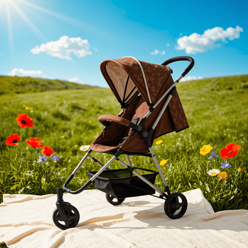 product photography of a folding stroller for children