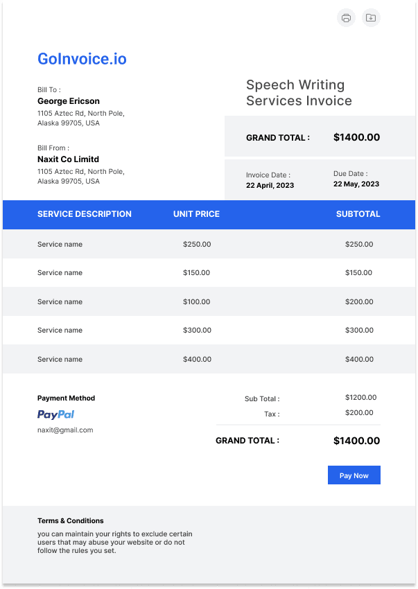 Speech Writing Services Invoice