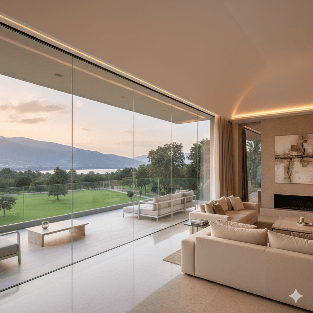 Expansive living room of a luxury 4 BHK apartment in M3M Kurukshetra with large glass balconies overlooking scenic horizons