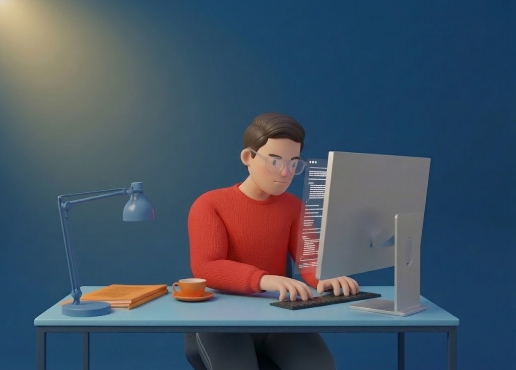 young adult sitting at a work desk