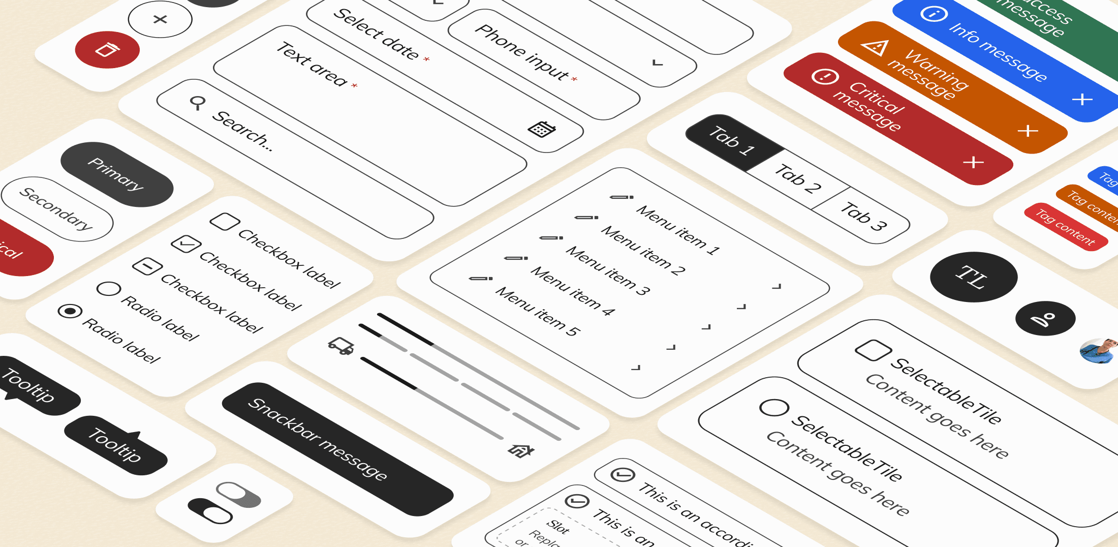 A bento-style isometric composition of the Aviary Design System UI library. It showcases a diverse range of modular components including high-fidelity buttons, semantic alert banners (Critical, Warning, Info), form inputs, segmented tabs, and navigation menus. The visual style is clean and modern, demonstrating a cohesive brand identity across various UI states and variants.