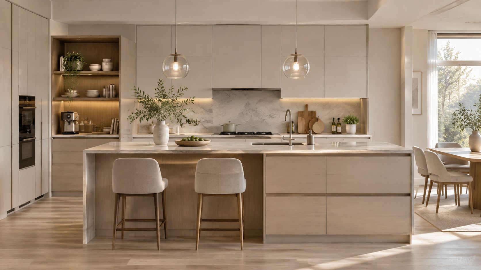 A minimalist modern modular kitchen featuring light wood cabinets, a marble island, and comfortable bar stools.