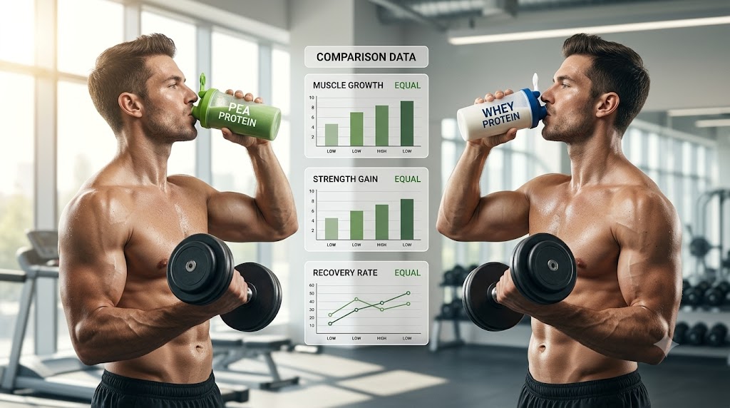 A side-by-side fitness infographic comparing muscle growth, strength gain, and recovery rate between an athlete drinking a pea protein shake (left) and an identical athlete drinking a whey protein shake (right), with graphical data showing equal performance benefits.