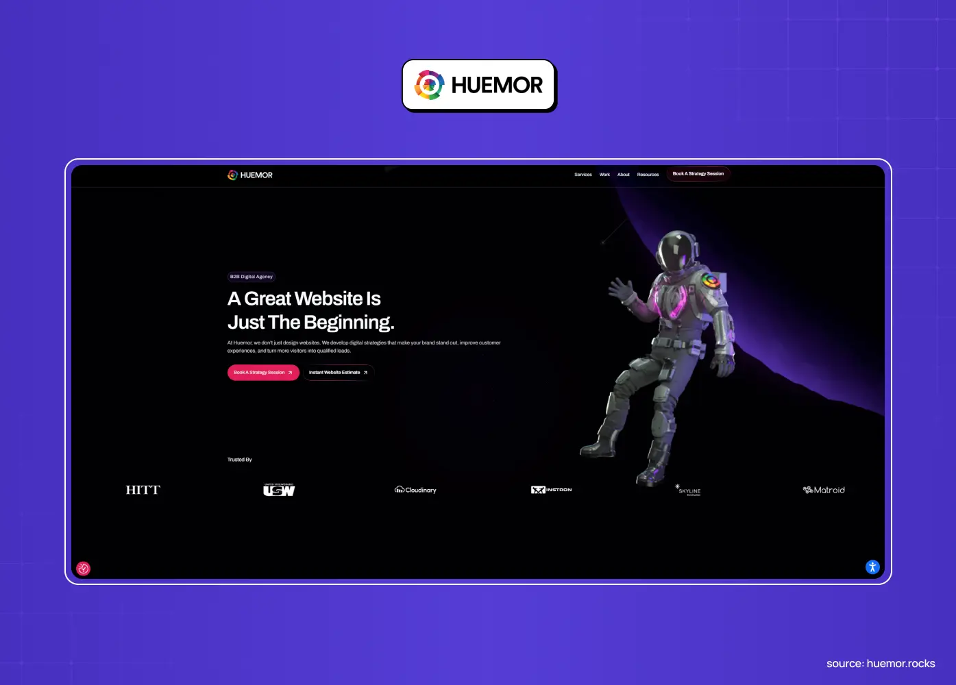Huemor website featuring a floating astronaut against a dark space-themed background and the headline “A Great Website Is Just The Beginning.”