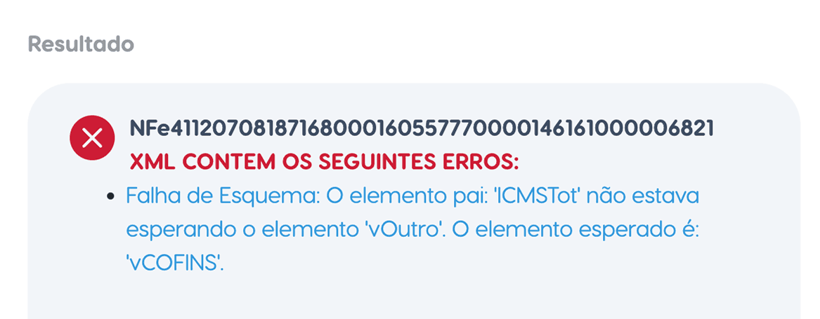 Mensagem de erro após validação do XML da NFe: Falha de esquema.