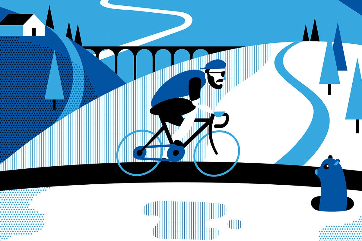 Magazine illustration depicting a man with his bicycle cycling on a road, in the background there are hills and mountains. In shades of blue.