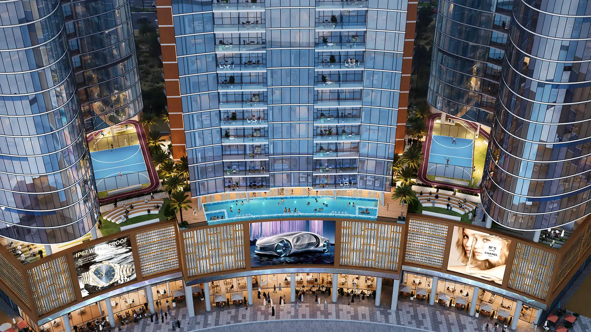 Aerial view of Orchid Tower amenities, featuring a glass-bottom pool and sports courts for premium living.