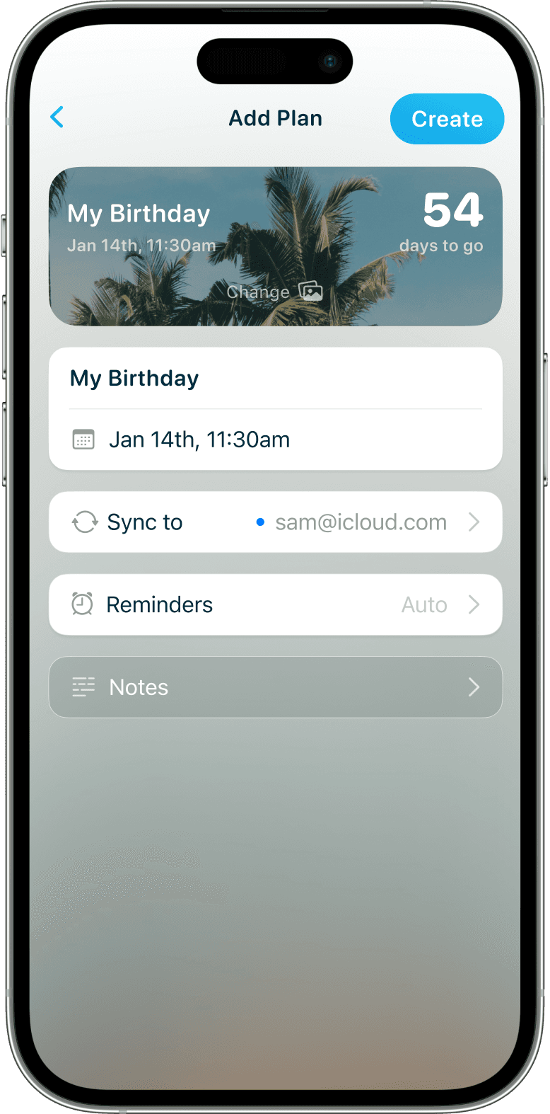 iPhone showing a create screen for a vacation countdown