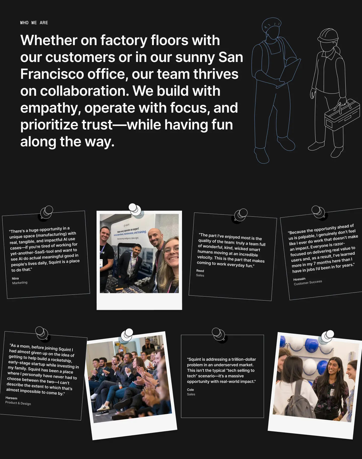 Our values: teamwork, innovation, and pushing limits. Images of employees in action, with "We're hiring!" featured.