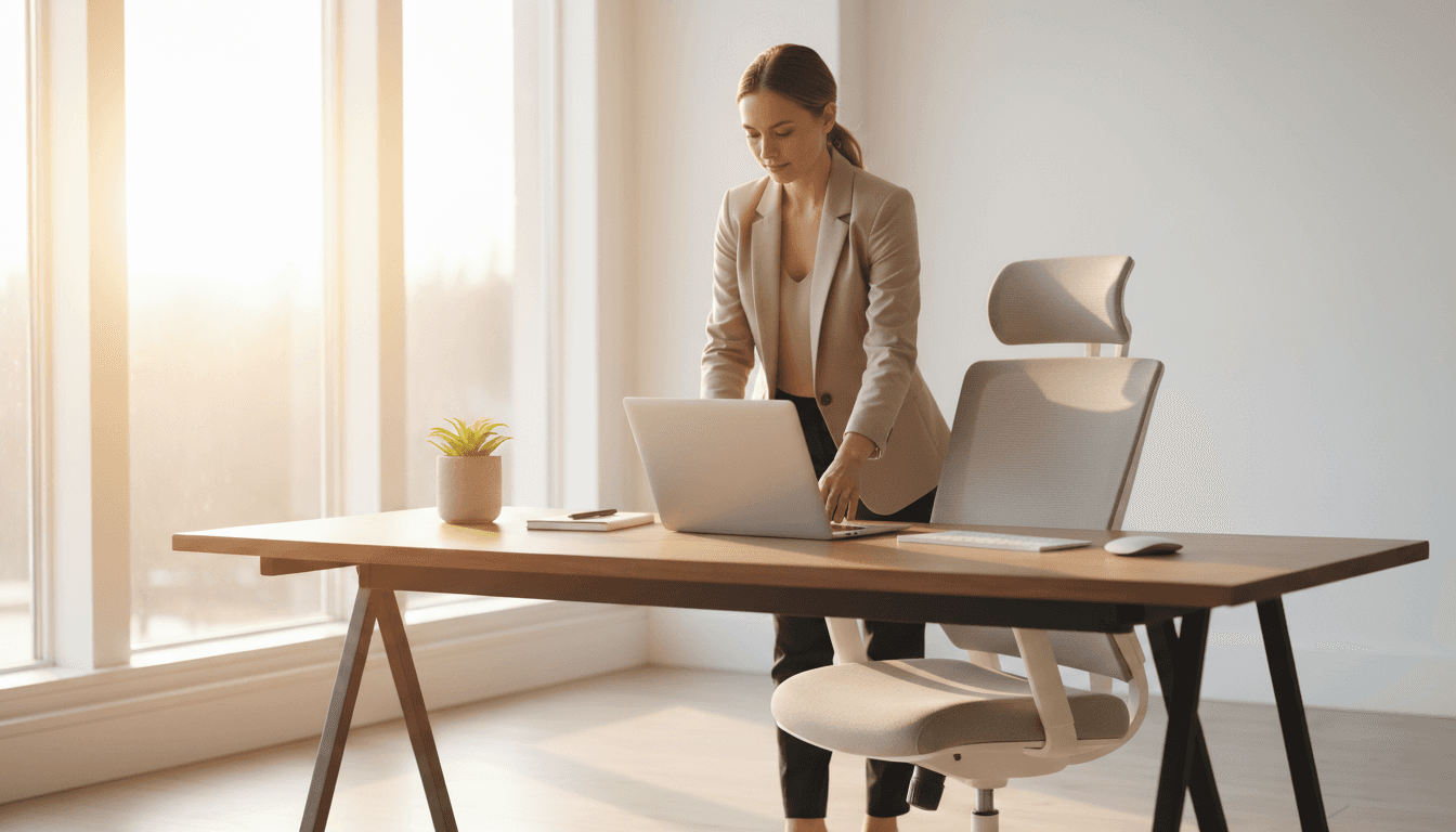 A woman stands at a desk and places her laptop on it.