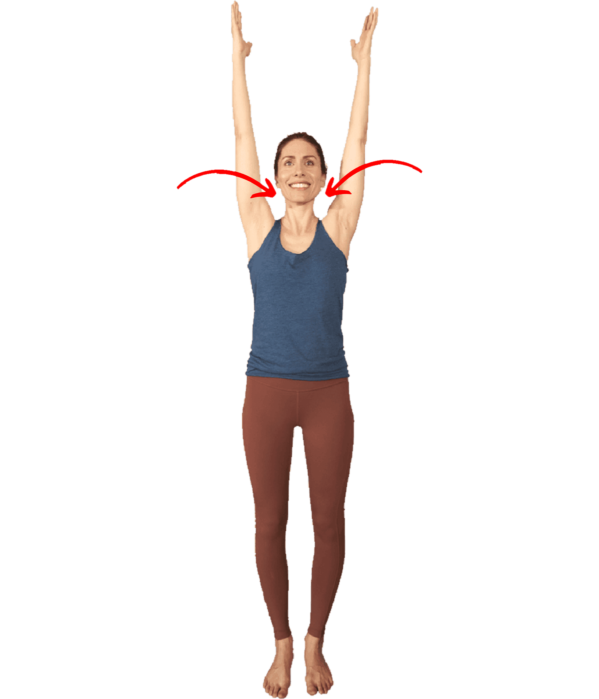 A standing figure with both arms reaching overhead, red arrows curving down onto the tops of the shoulders to show the shoulder blades being pulled away from the ears.