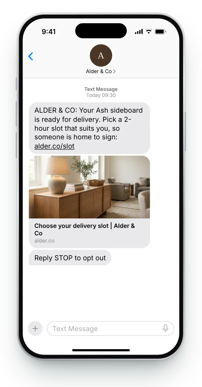 Choose a delivery slot transactional SMS on an iPhone