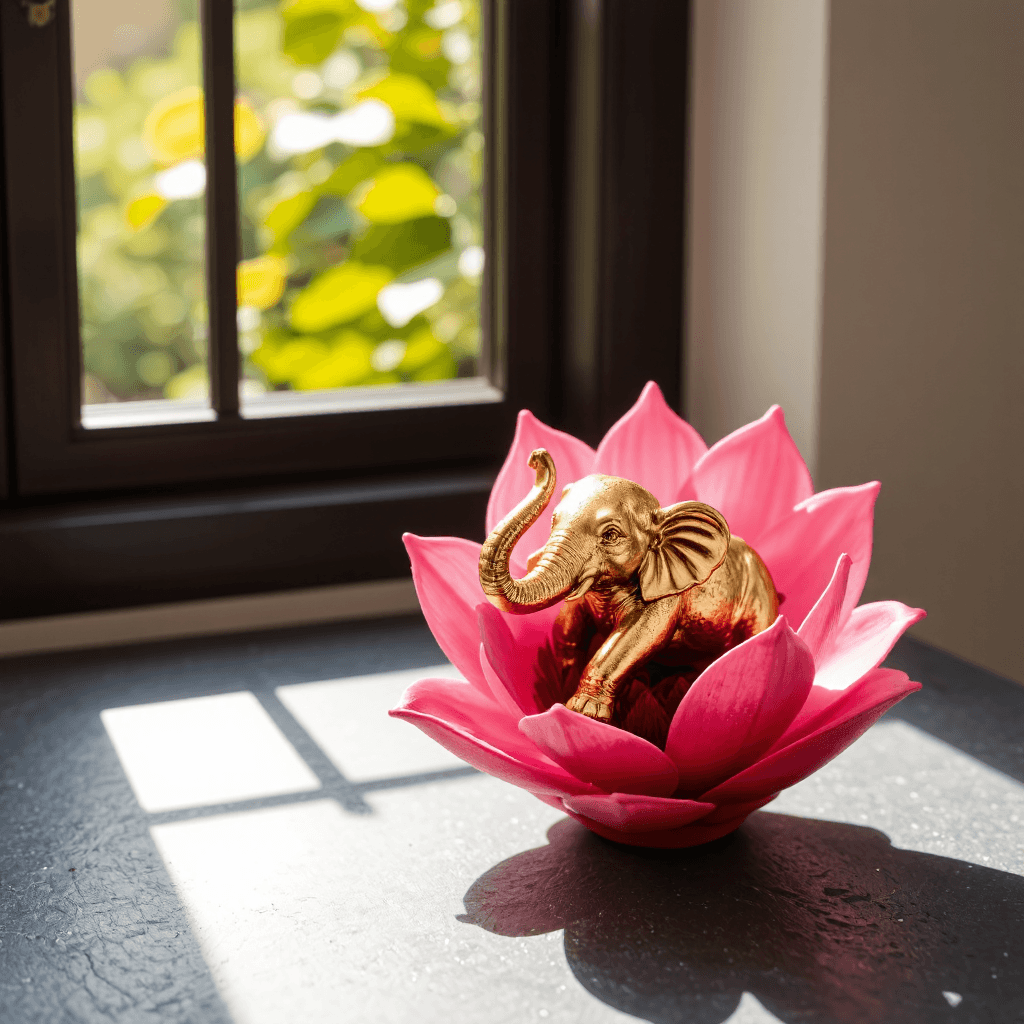 product photography of a decorative figurine of an elephant in a flower design, used for home decor or spiritual purposes