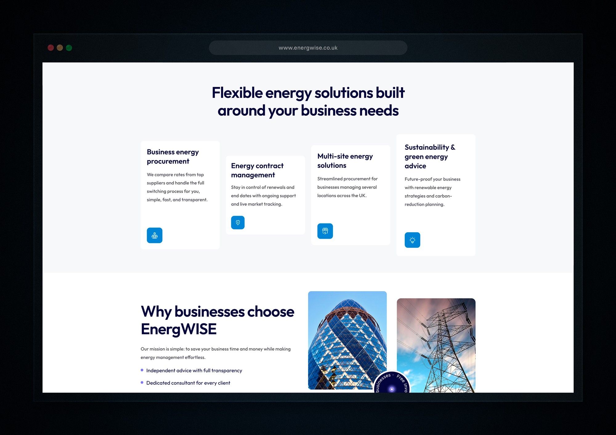 Structured energy advice website layout helping users understand energy-saving options