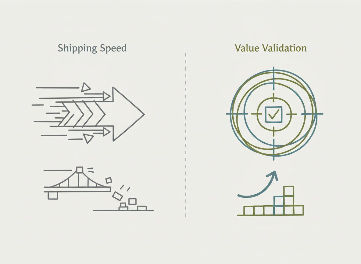 Illustration depicting beyond velocity: why value validation trumps shipping speed in product strategy