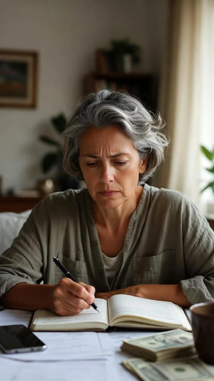 A imagem de uma senhora lendo as anotações que fez em um caderno