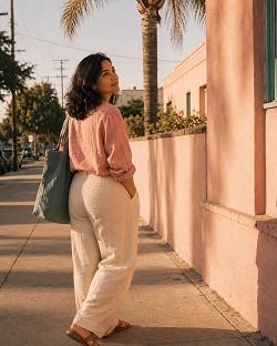 A woman in a pink shirt and cream pants walks down a sunlit street with palm trees, carrying a green bag. She looks back, smiling gently.