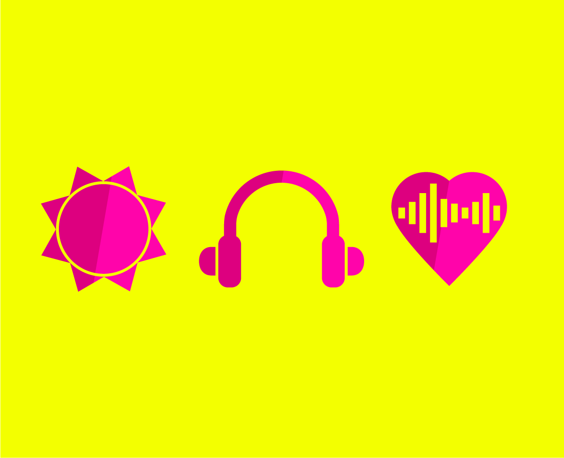 Three icons on a bright yellow background: a stylized sun with pink and purple tones, a pair of pink headphones, and a pink heart with green vertical lines inside.