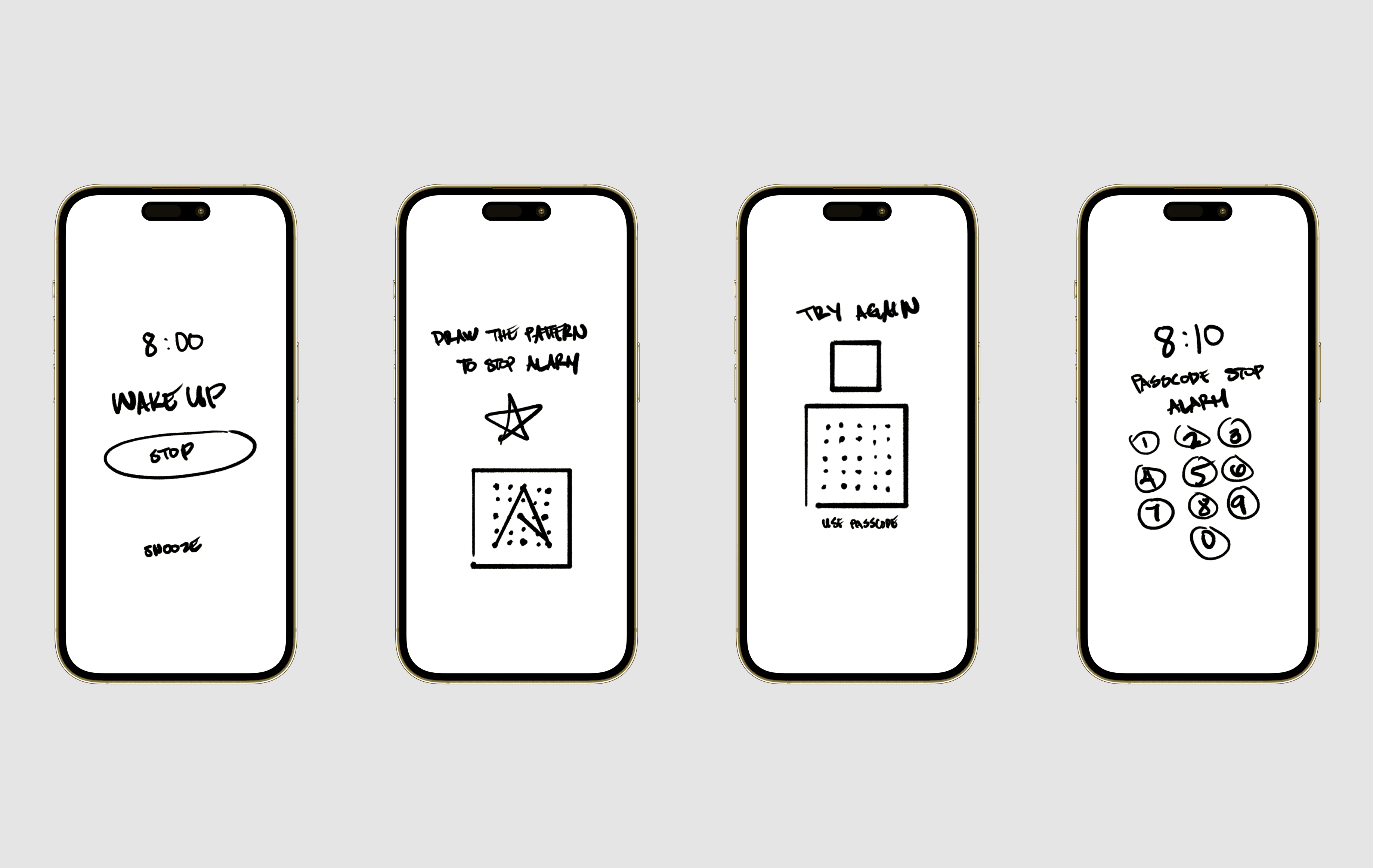 Digital sketches for the app flow for Cognitive Alarm