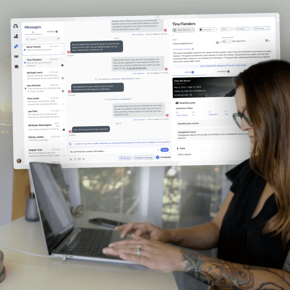 Host working on a laptop with an image of the inbox behind them