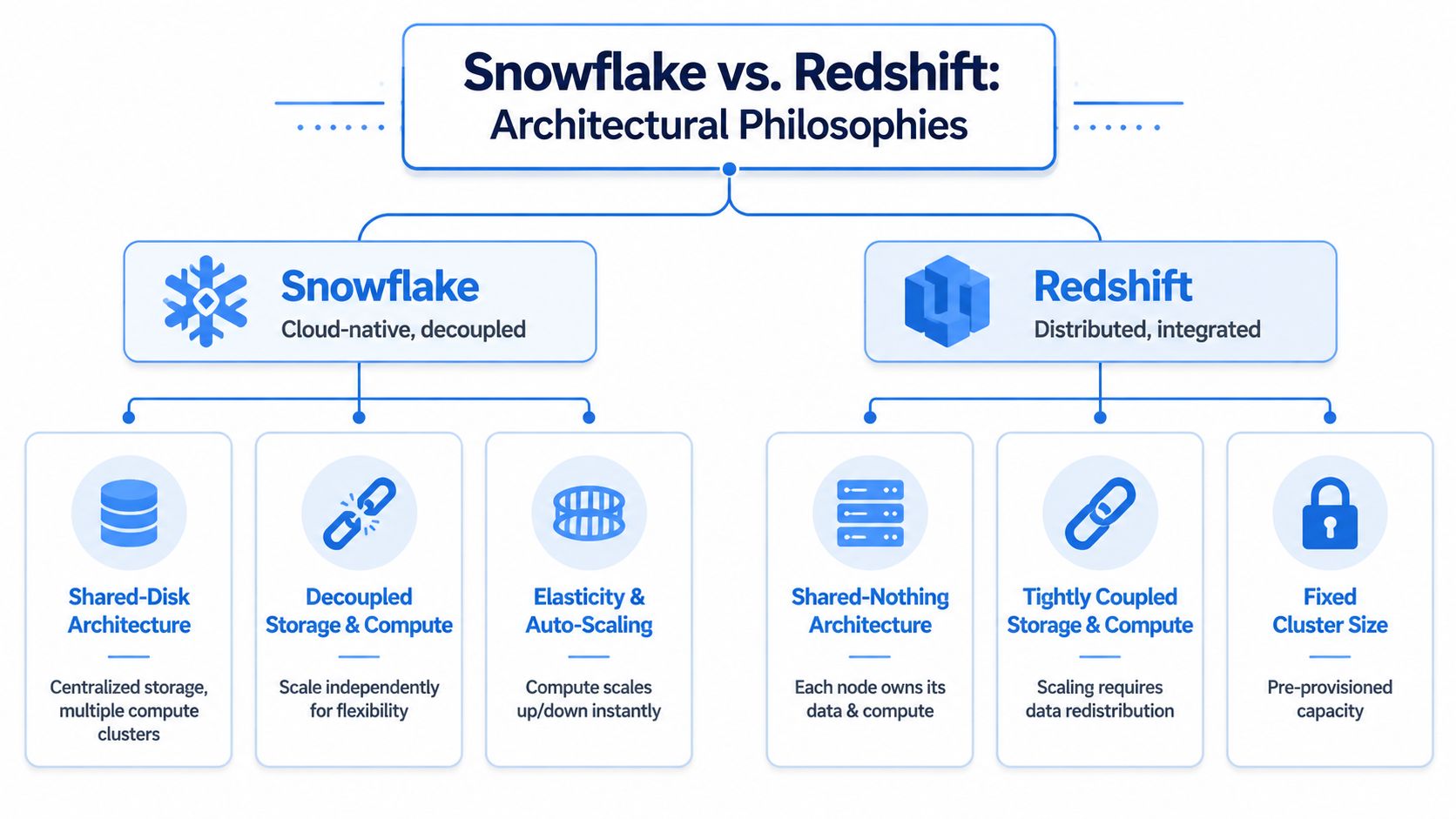 A diagram comparing the architectural philosophies of Snowflake and Redshift, highlighting storage and compute differences.