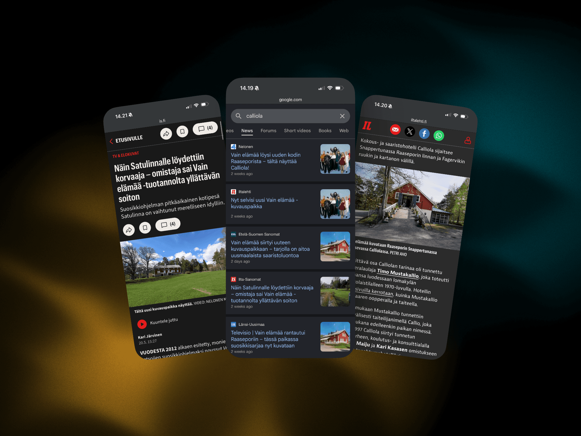 3 phone mockups of nwes articles about Calliola and vain elämää production