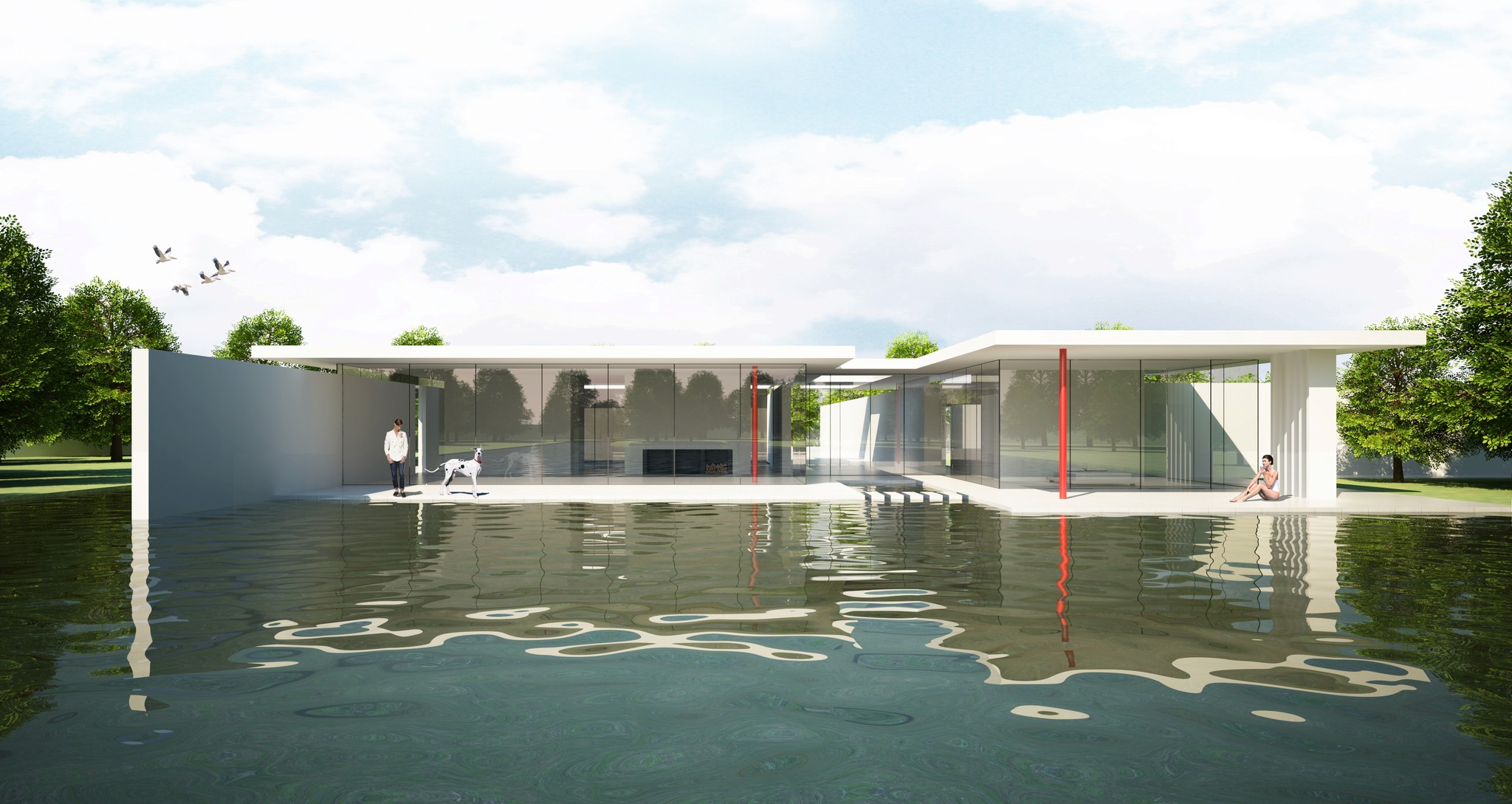 Lake House architecture: Close-up of the glass pavilion structure, lake, and signature red support columns in a sunny setting.