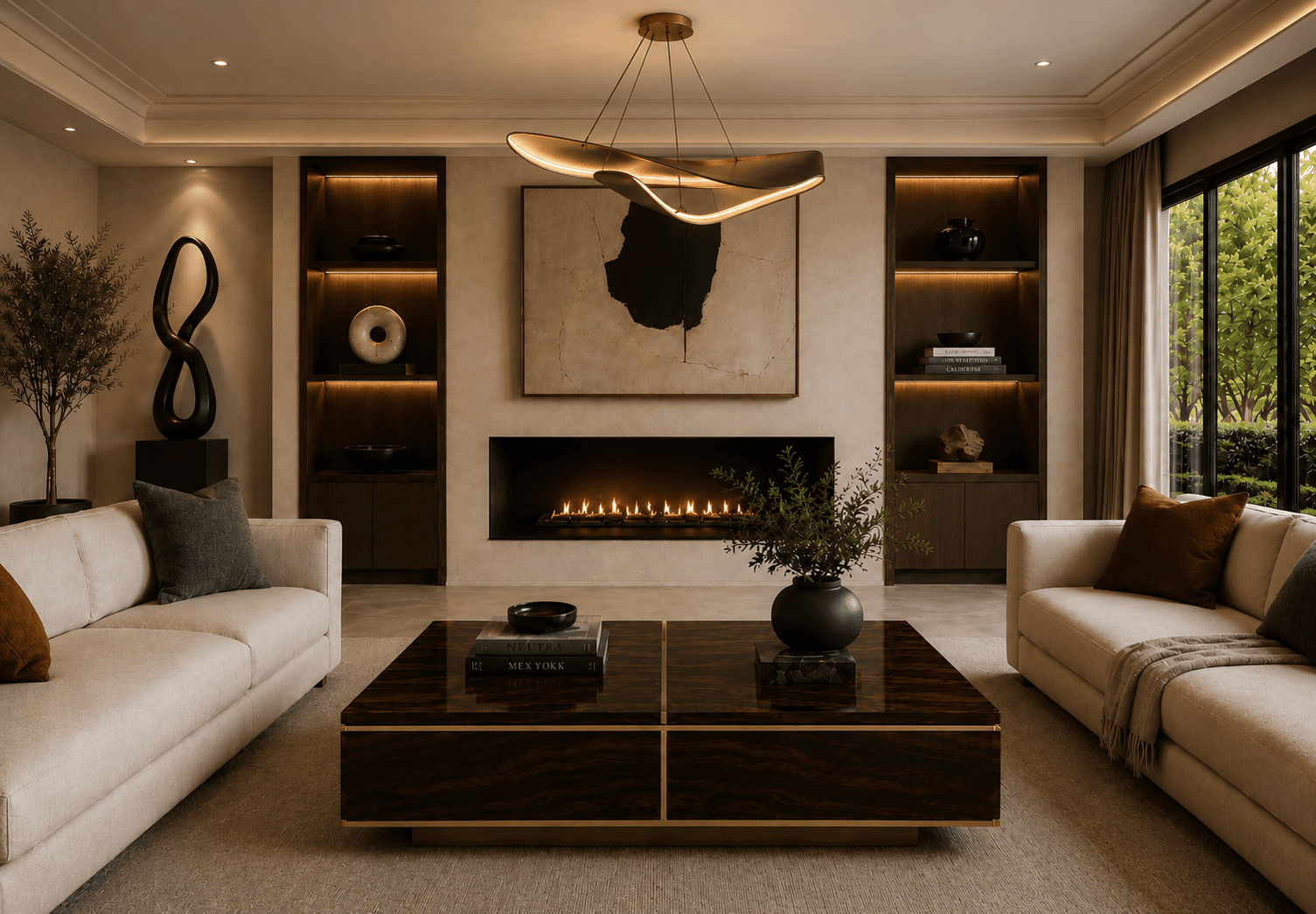 Custom living room millwork with integrated shelving and cabinetry