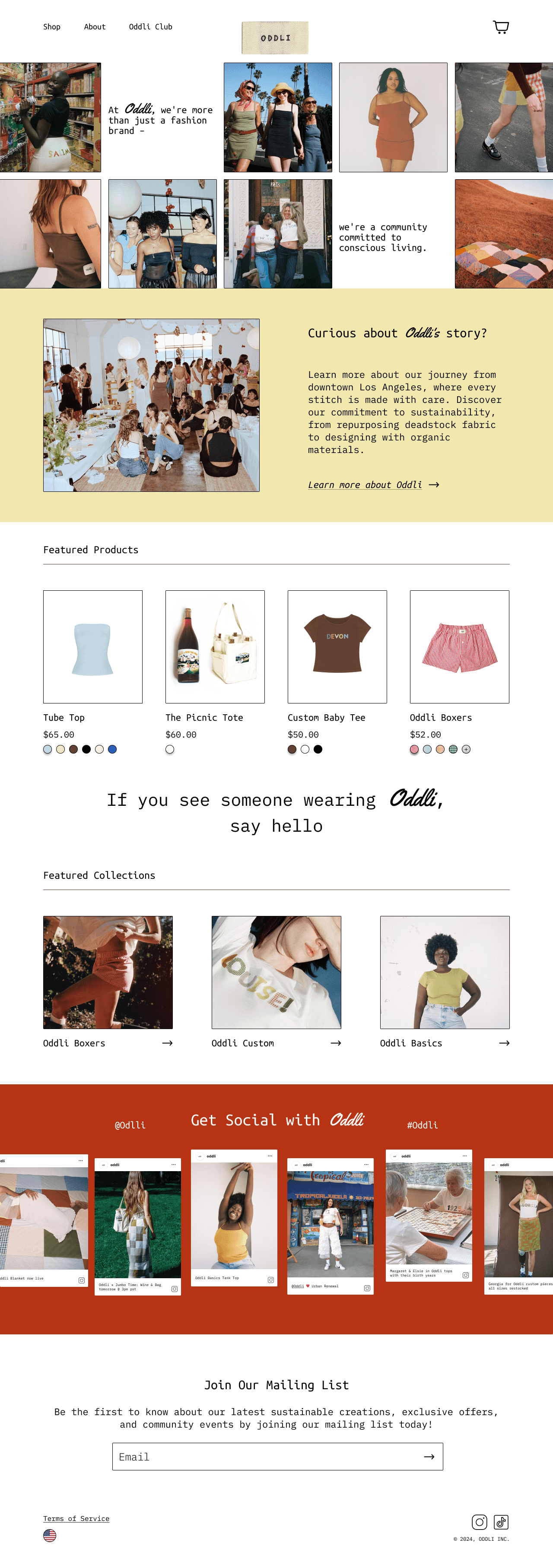 Redesigned Oddli homepage with lifestyle photo grid, brand story section with workshop image, featured products, collections, and Instagram feed