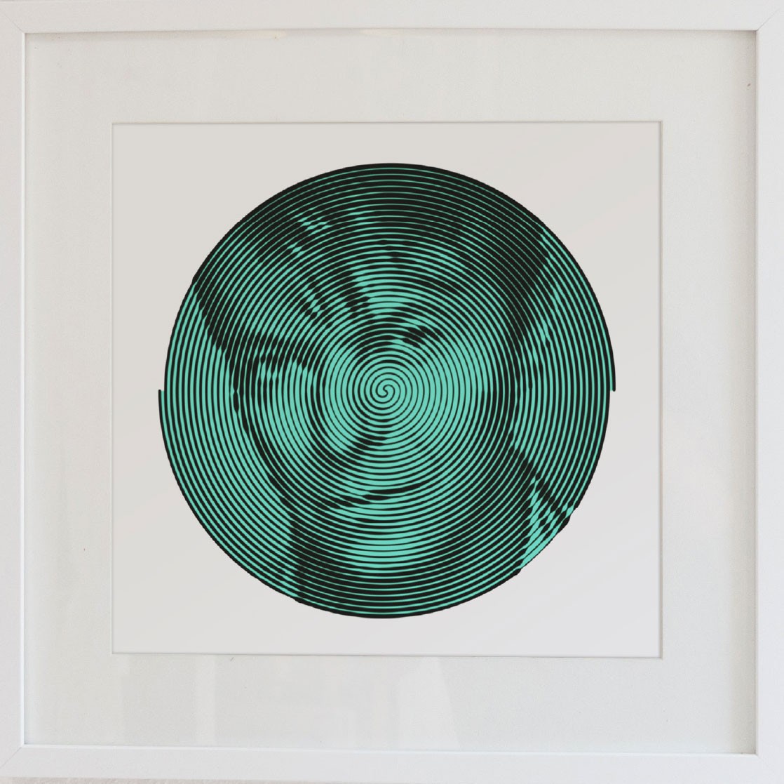 Black and white conceptual artwork depicting a stylized view of the Moon with vertical texture and shade divisions.