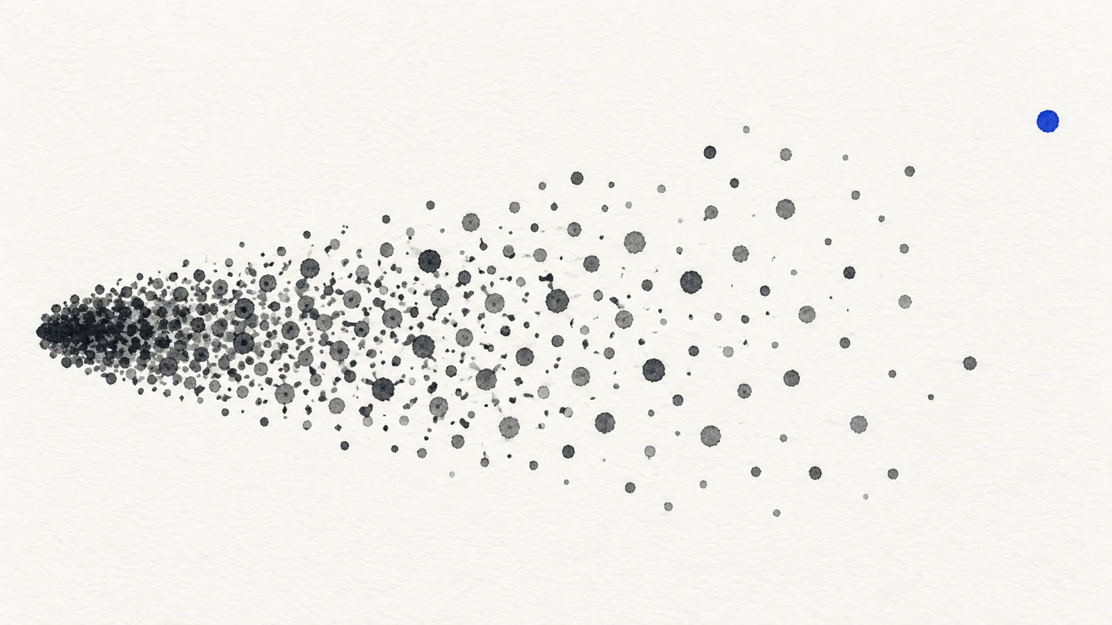 A scatter widening from a tight cluster into a loose cloud, standing for output variance rising with temperature.
