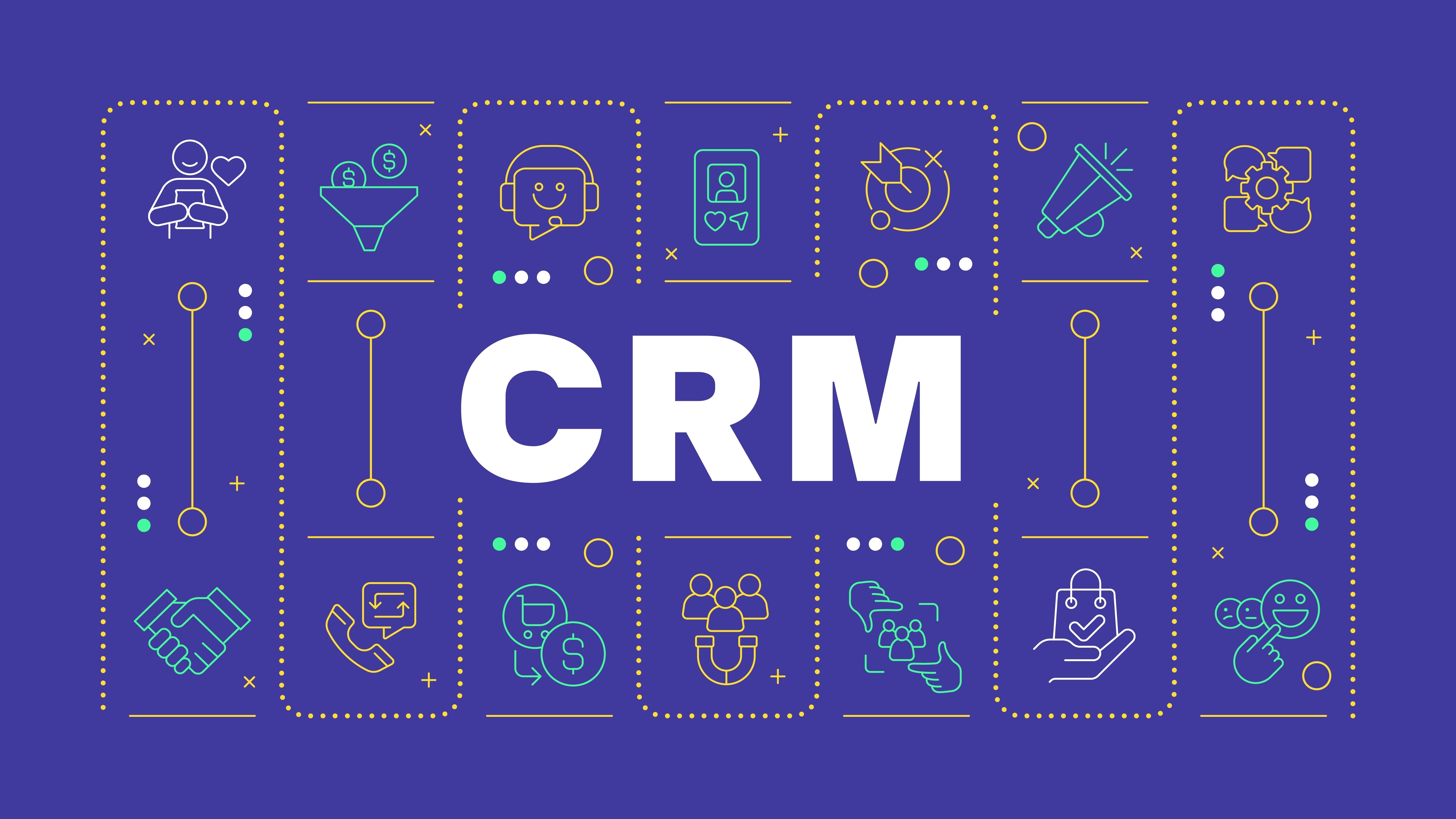 CRM concept banner with icons for customer management, outreach, and pipeline tools