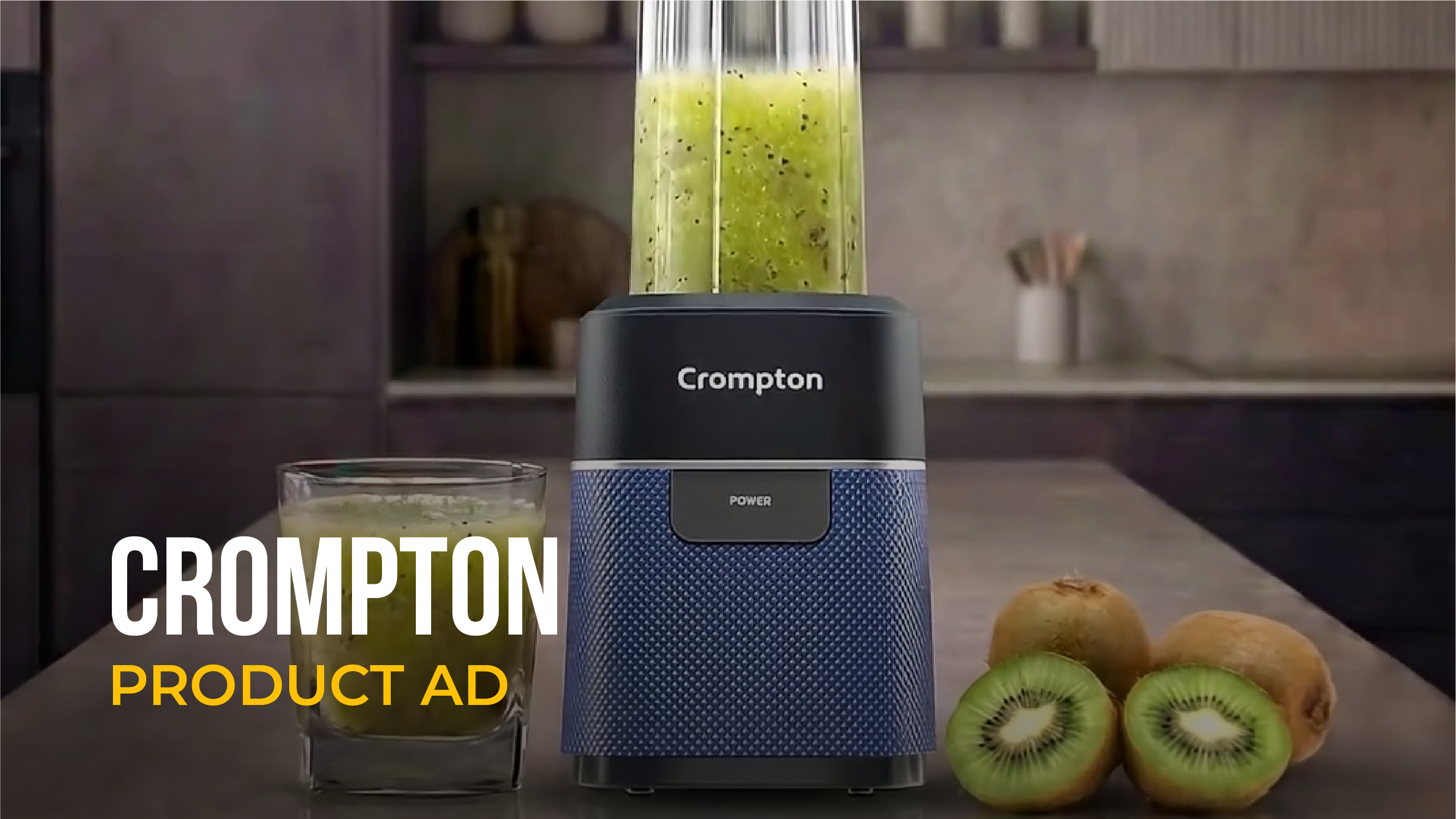Crompton blender making a smoothie in a product advertisement.