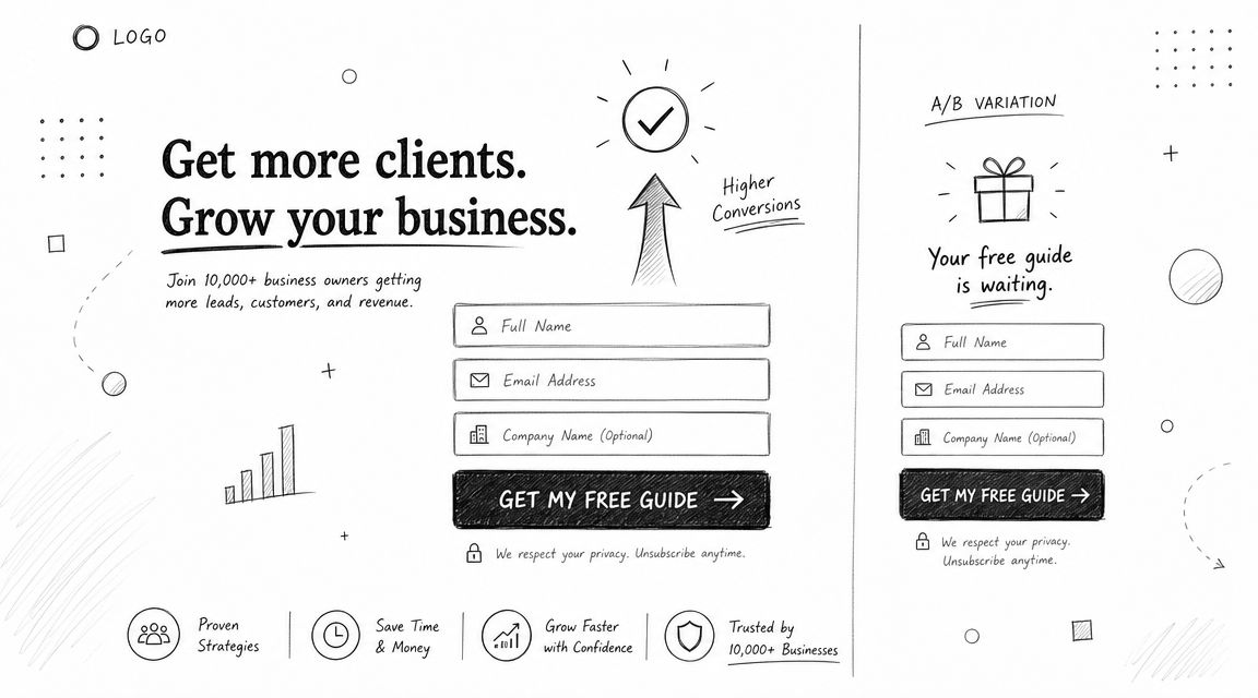 A hand-drawn sketch of a B2B lead generation landing page layout with forms and benefit icons.