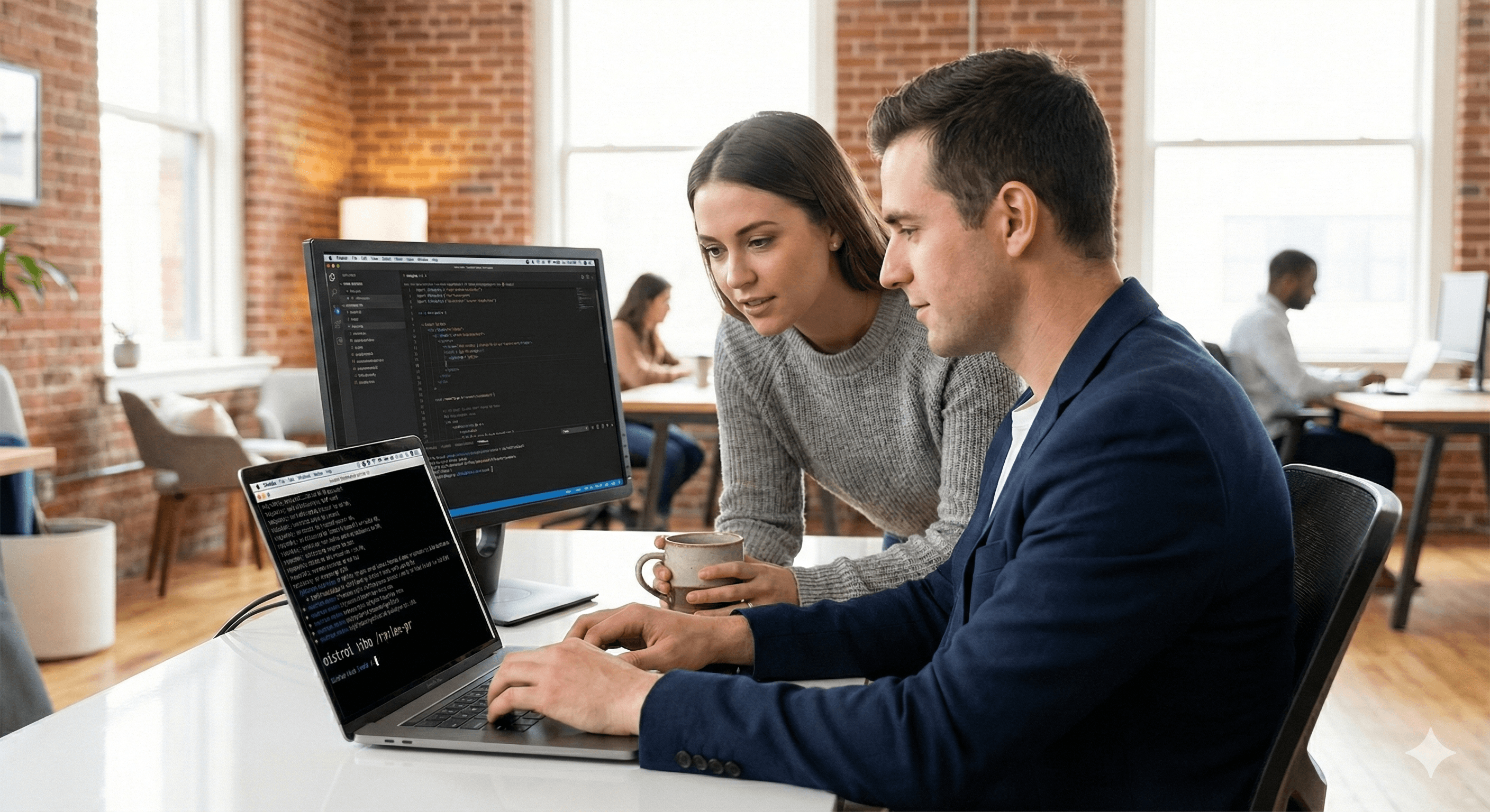 Two people collaborate at a desk in a modern office, surrounded by exposed brick walls and large windows, while working on laptops displaying code; an embodiment of the collaborative and innovative atmosphere at Mistral Vibe 2.0.