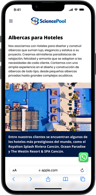 Fotografía de un smartphone mostrando la sección de 'Albercas para Hoteles' de SciencePool; destaca una jerarquía visual clara con fotografía de alta calidad y una oferta de servicios especializada para el sector hospitalidad.
