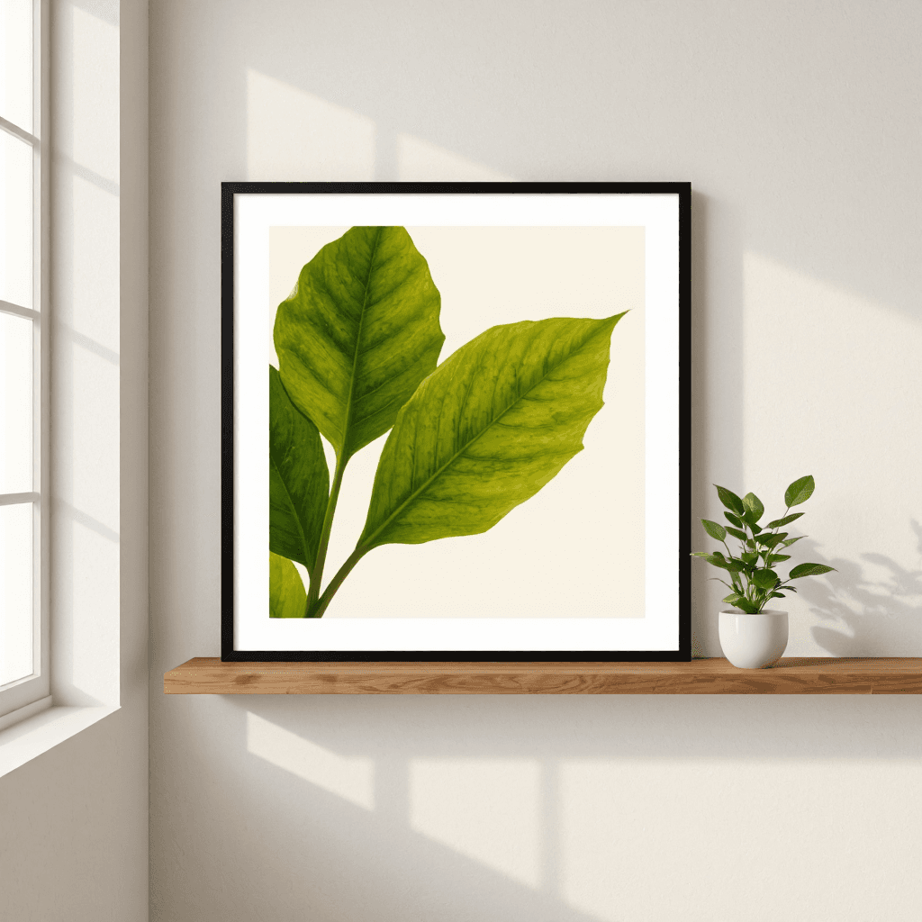product photography of a framed artwork of a green leaf