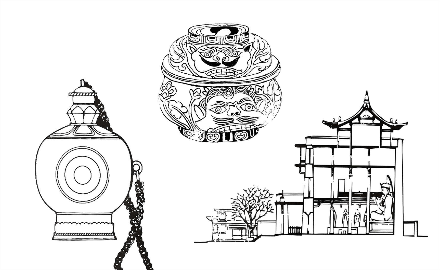 Traditional Chinese art and architecture illustrations used as inspiration for the Shaardaa project.