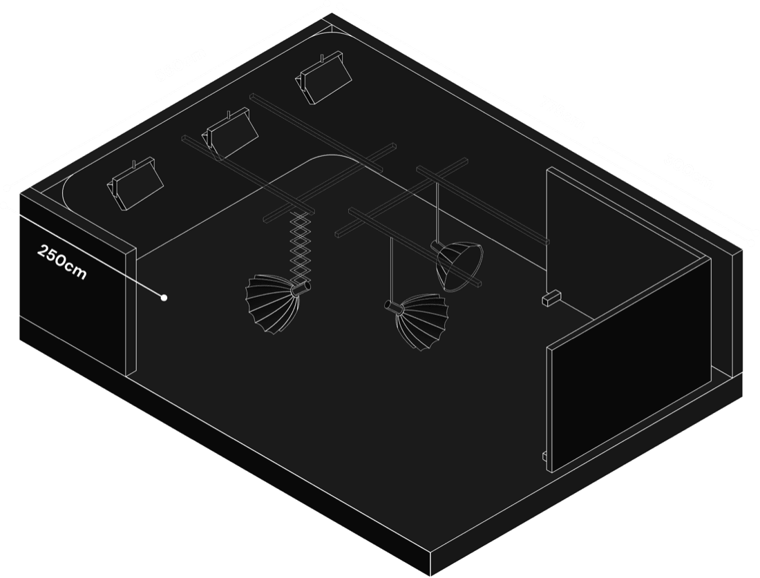 tekening van pro fotostudio setup met lichten en wanden.