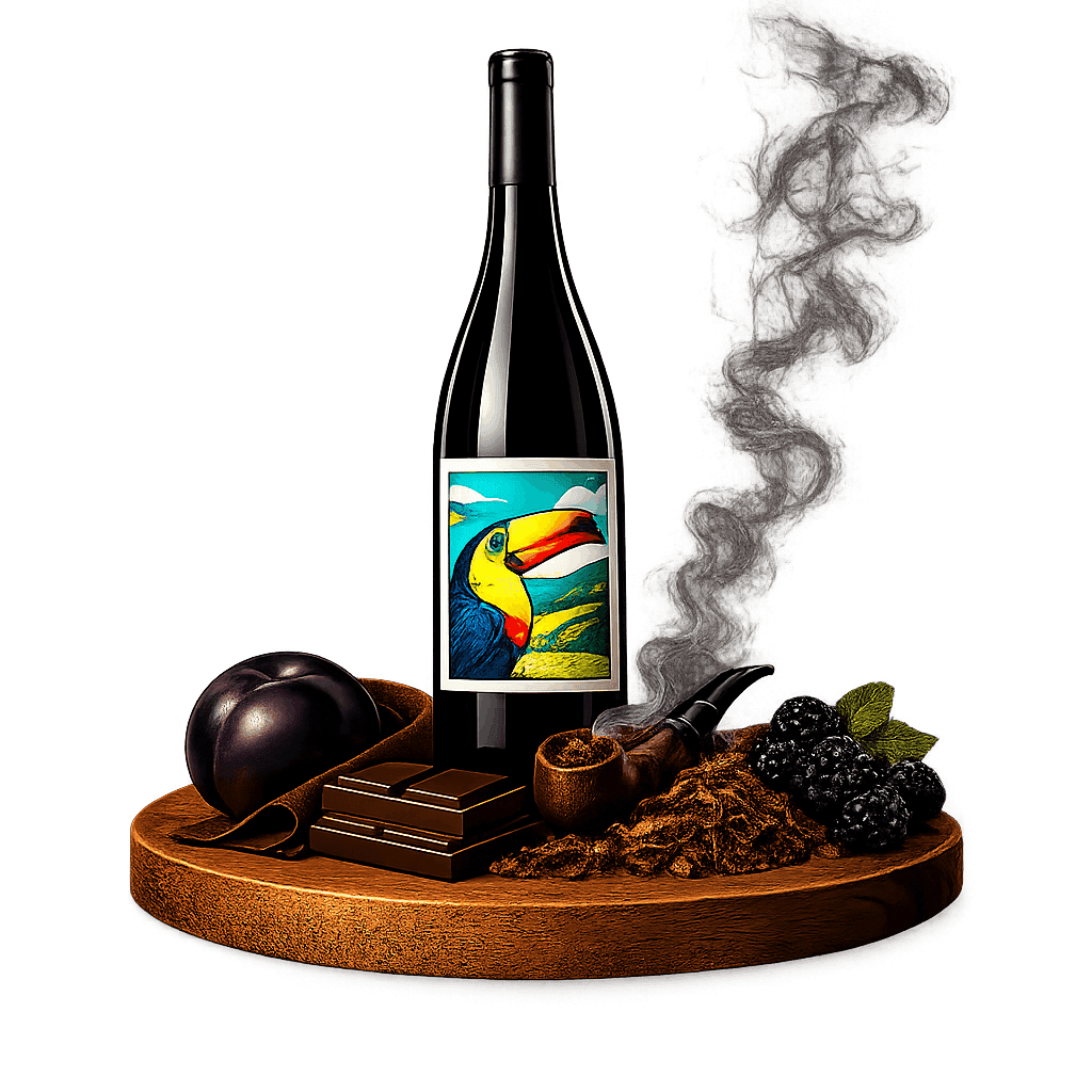 Artistic label and flavor profile for Brazilian Tannat on a rustic wooden table.