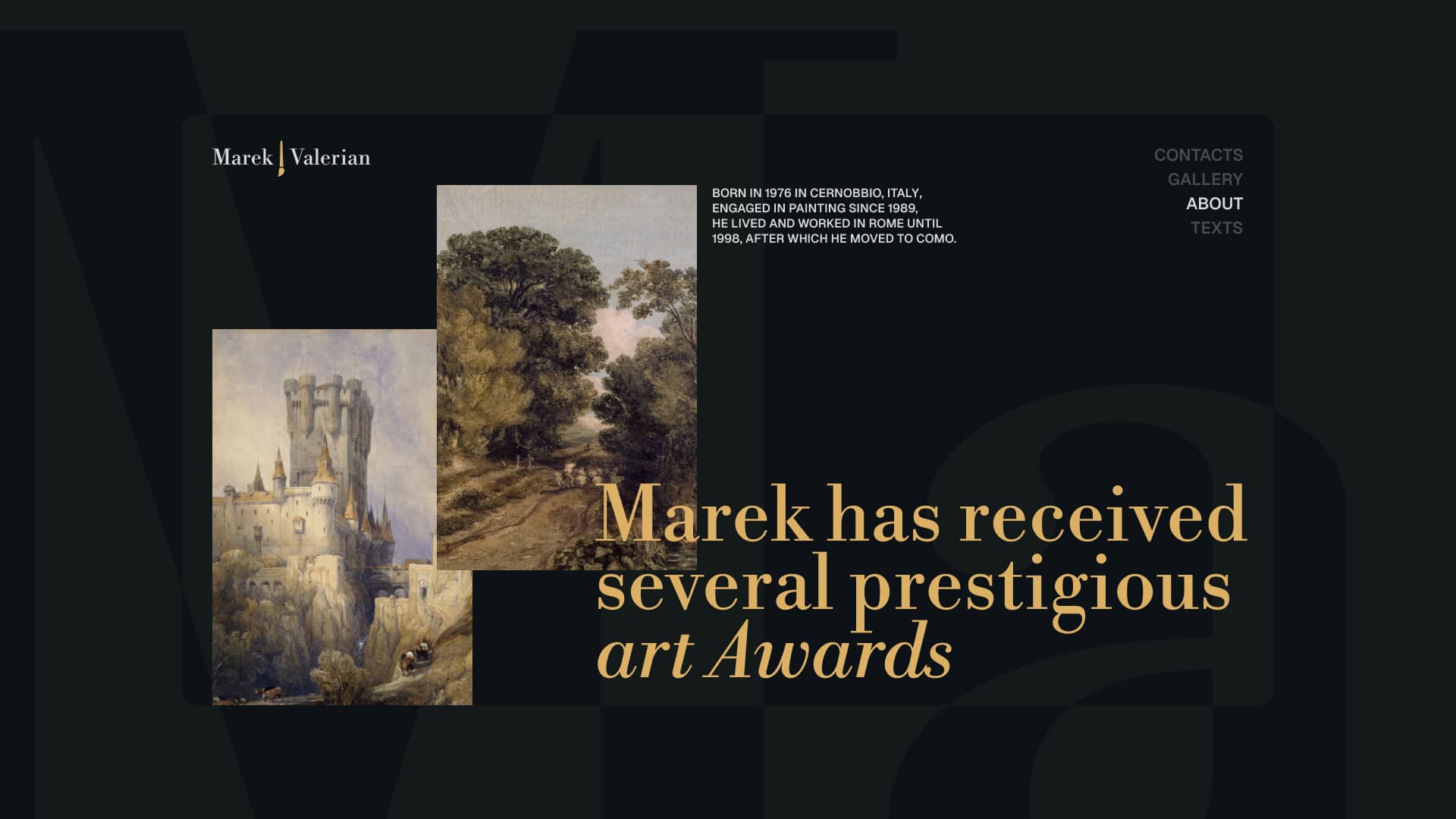 Elegáns, sötét tónusú művészeti portfólió weboldal design Marek Valerian festőművész számára, klasszikus tipográfiával és tájképekkel.