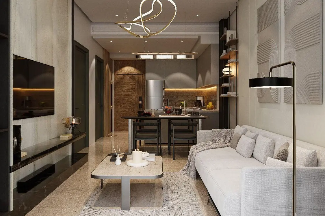 A modern living room featuring a couch, coffee table, and television, designed in a contemporary style.