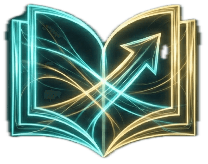 Icône 3D d'un livre ouvert lumineux avec une flèche de croissance, symbolisant l'académie de formation financière Aurora.