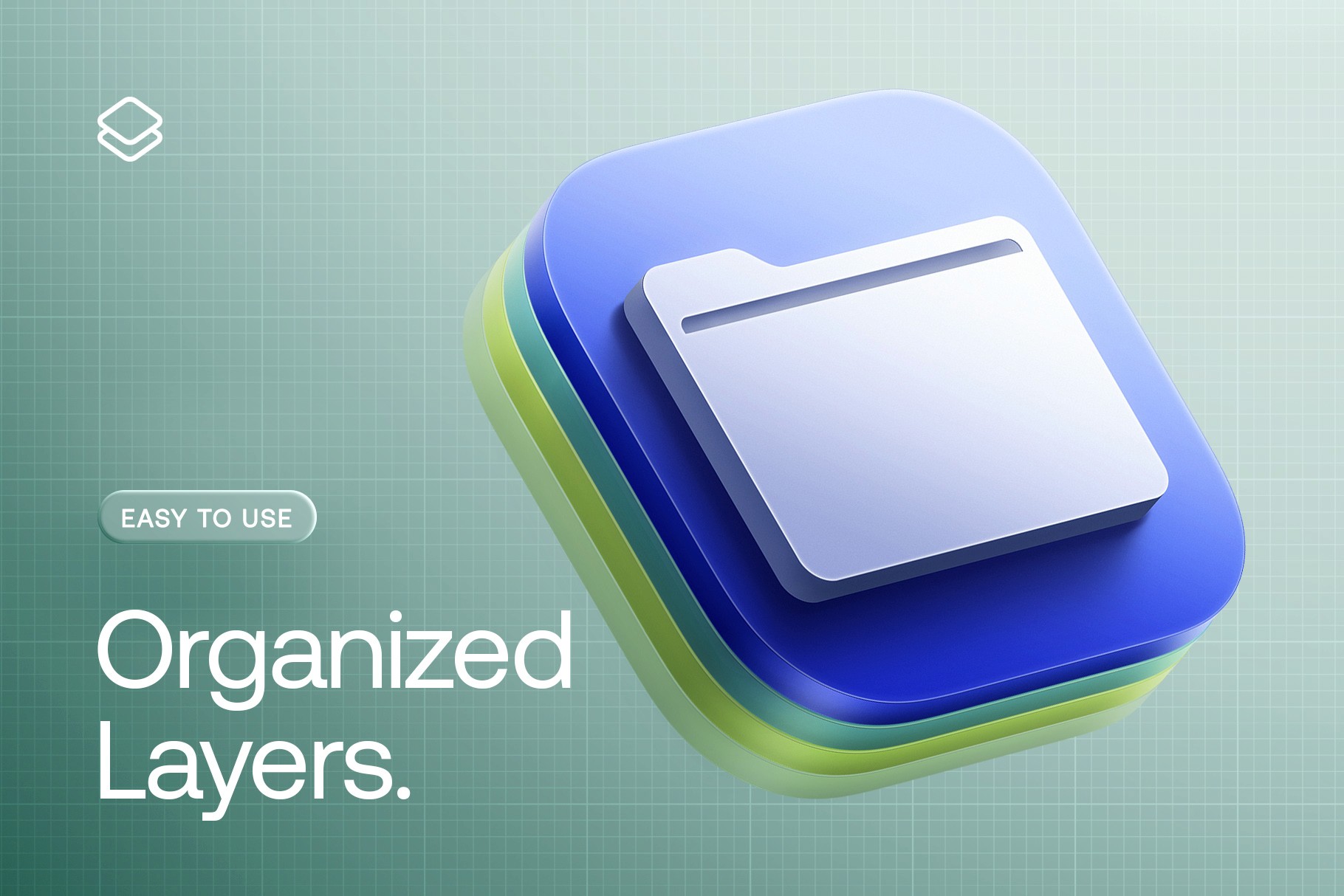 Stacked 3D icon layers, visually representing well-organized and editable PSD file layers.