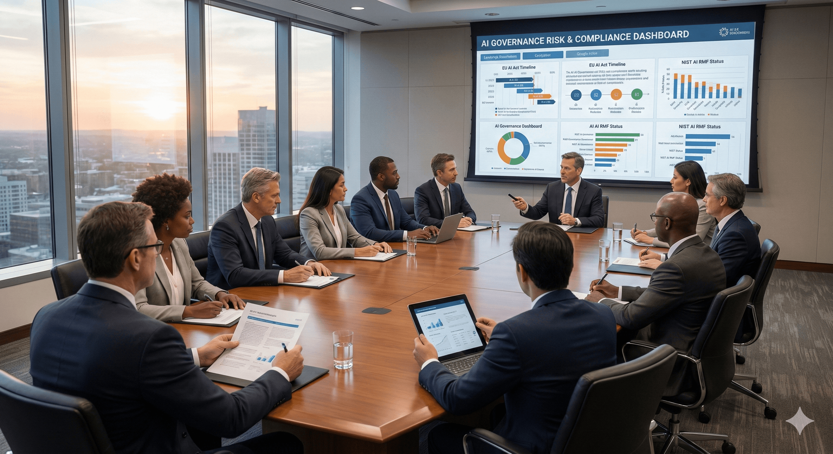 A diverse group of business professionals sitting around a large conference table in a high-rise office, discussing strategies while a comprehensive "AI Governance Risk & Compliance Dashboard" is displayed on a screen, incorporating charts and data relevant to "AI Governance for Boards".