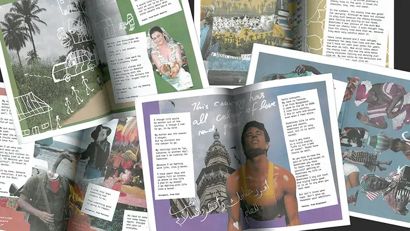 Mise en scène de plusieurs brochures ouvertes étalées en éventail, présentant une mise en page éditoriale de style collage. Le design combine des découpages fait par des réfugiés, des témoignages textuels en anglais, des illustrations naïves à la main levée et des calligraphies blanches sur des fonds colorés et texturés.