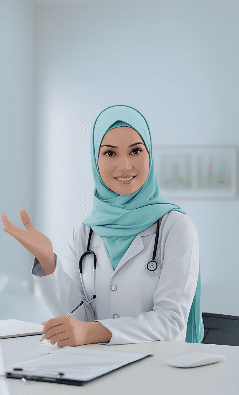 Welcoming female doctor in a hijab at a desk.