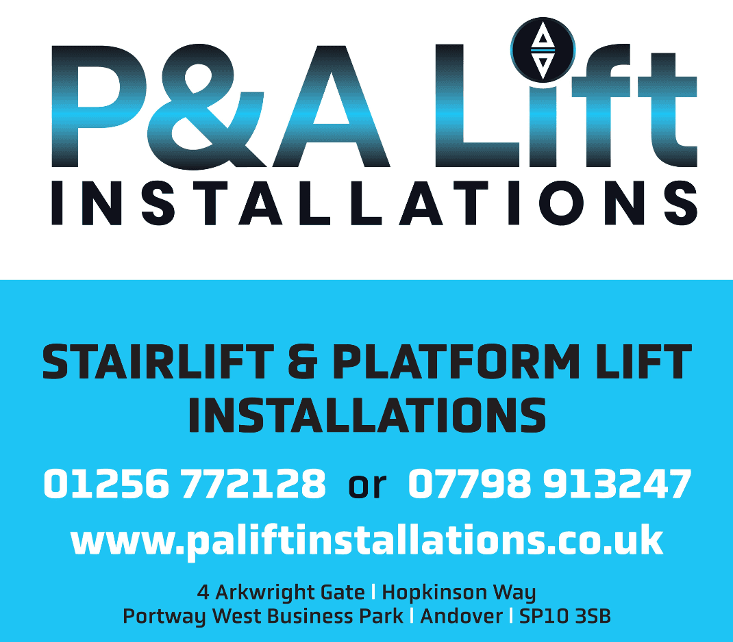 P&A lift installations, White and blue background reading Stairlifts and platform lift installations, 01256772128 or 07798913247 www.paliftinstallations.co.uk